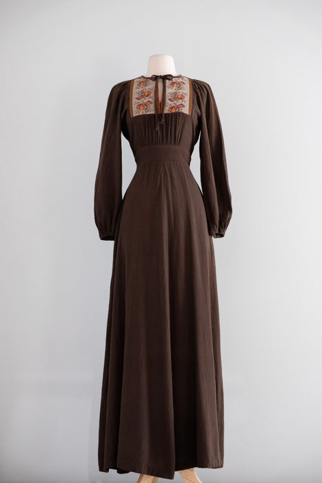 Vintage 1970's Umber Prairie Dress with Rose Tapestry Details by California Holiday / SM