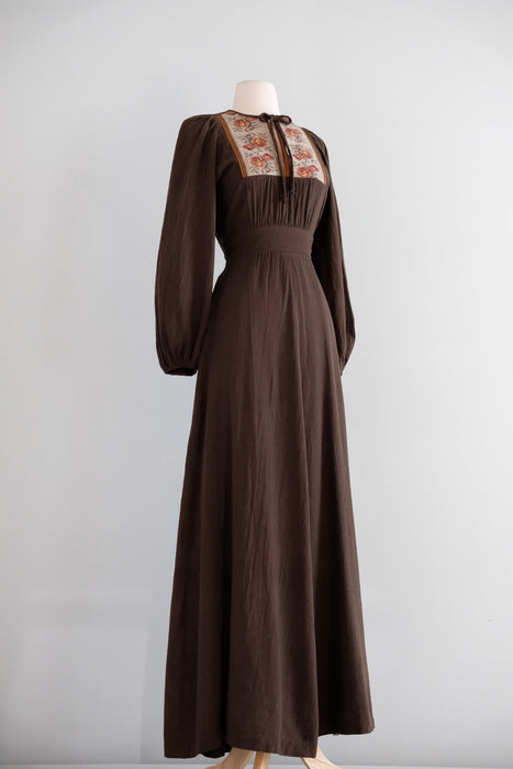 Vintage 1970's Umber Prairie Dress with Rose Tapestry Details by California Holiday / SM