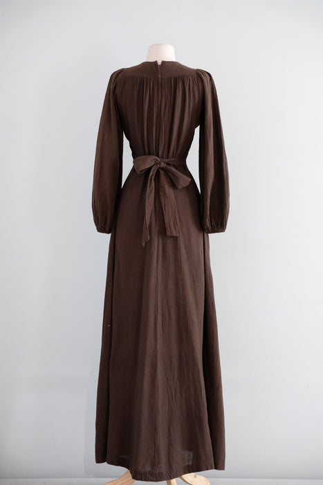 Vintage 1970's Umber Prairie Dress with Rose Tapestry Details by California Holiday / SM