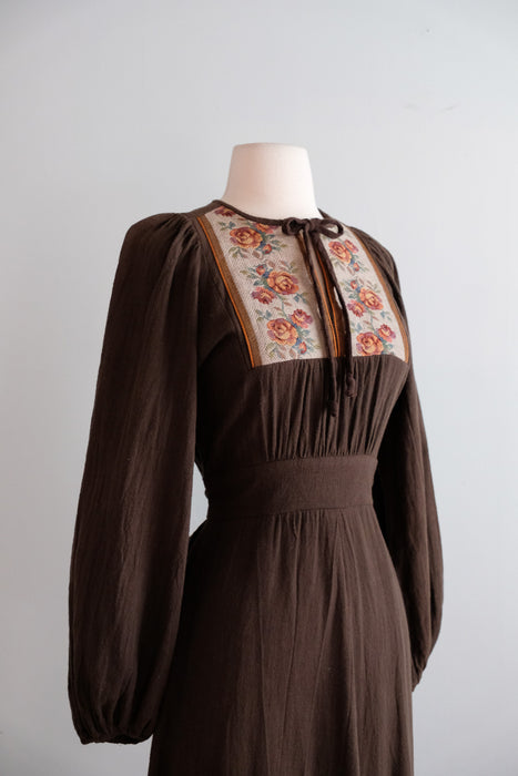Vintage 1970's Umber Prairie Dress with Rose Tapestry Details by California Holiday / SM