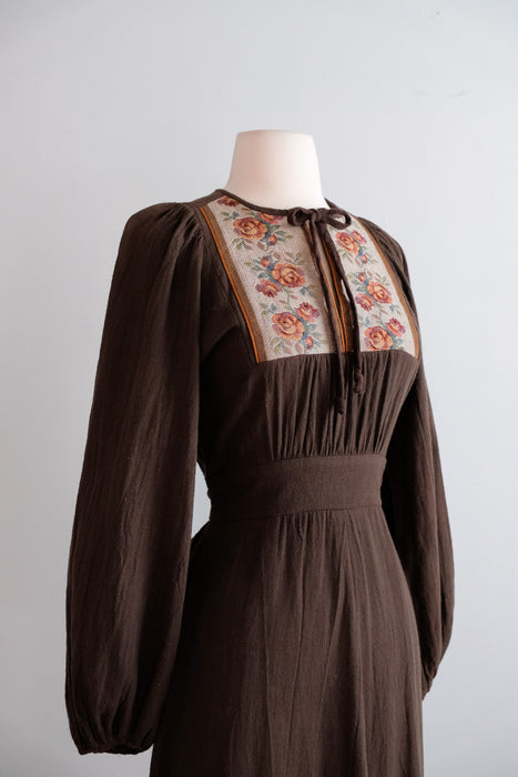 Vintage 1970's Umber Prairie Dress with Rose Tapestry Details by California Holiday / SM