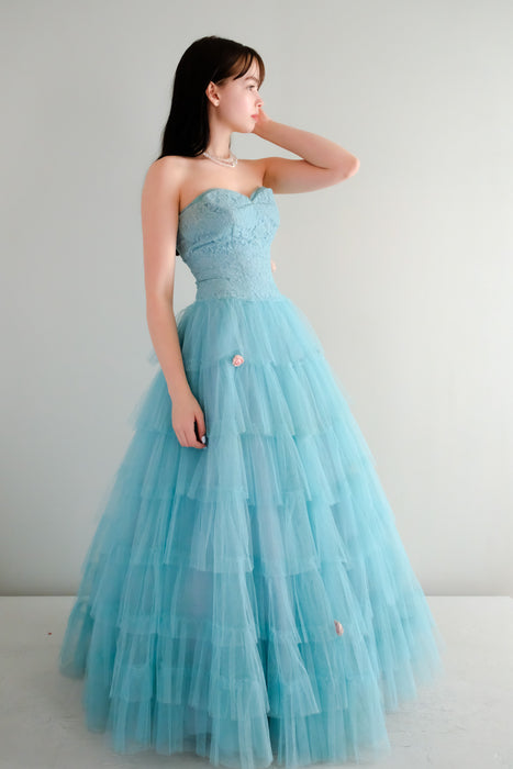 Fabulous 1950's Turquoise Lace Full Length Strapless Gown with Roses / Sz XS