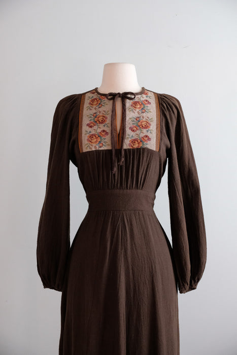 Vintage 1970's Umber Prairie Dress with Rose Tapestry Details by California Holiday / SM