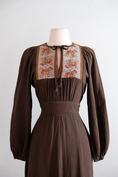 Vintage 1970's Umber Prairie Dress with Rose Tapestry Details by California Holiday / SM