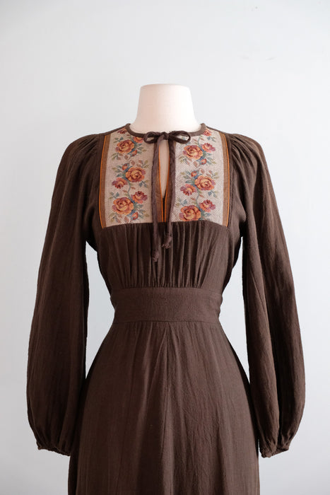 Vintage 1970's Umber Prairie Dress with Rose Tapestry Details by California Holiday / SM