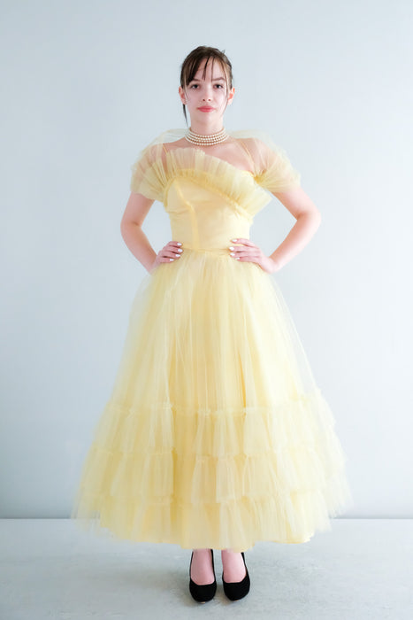 Gorgeous 1950's Pastel Yellow Tulle Party Dress by Emma Domb / Sz XS