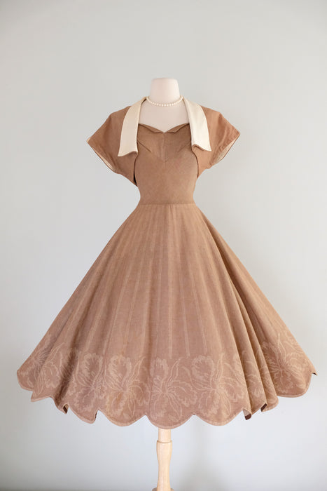 Vintage 1950's Latte Cotton Dress with Scalloped Hem & Bolero Jacket / S