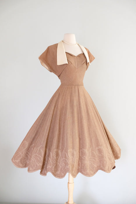 Vintage 1950's Latte Cotton Dress with Scalloped Hem & Bolero Jacket / S
