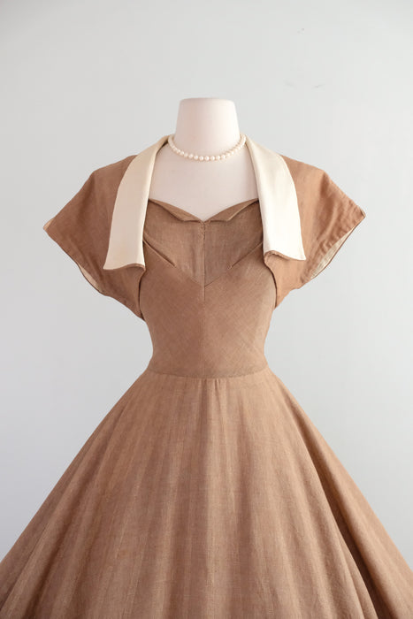 Vintage 1950's Latte Cotton Dress with Scalloped Hem & Bolero Jacket / S