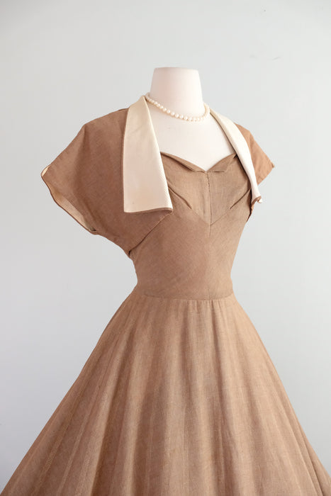 Vintage 1950's Latte Cotton Dress with Scalloped Hem & Bolero Jacket / S