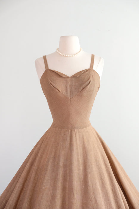 Vintage 1950's Latte Cotton Dress with Scalloped Hem & Bolero Jacket / S