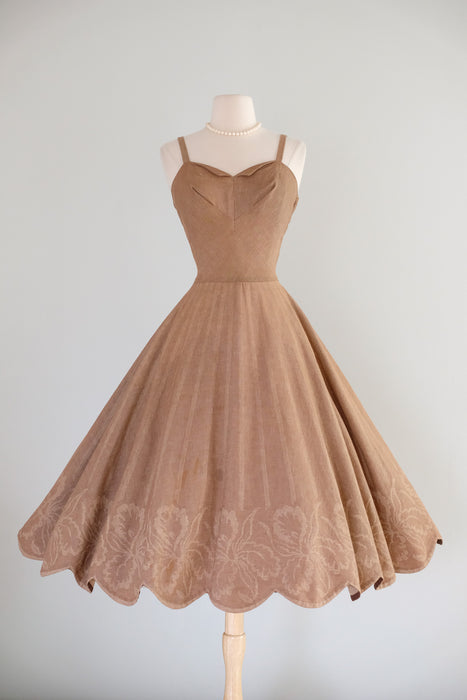 Vintage 1950's Latte Cotton Dress with Scalloped Hem & Bolero Jacket / S