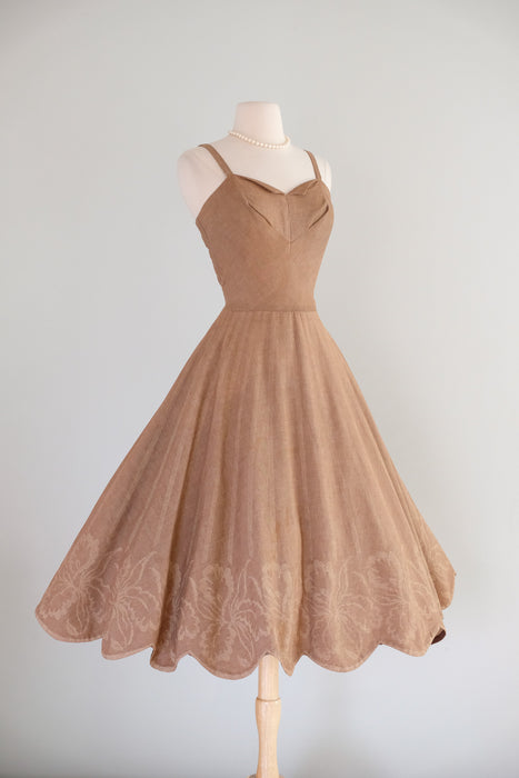 Vintage 1950's Latte Cotton Dress with Scalloped Hem & Bolero Jacket / S