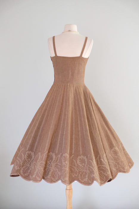 Vintage 1950's Latte Cotton Dress with Scalloped Hem & Bolero Jacket / S