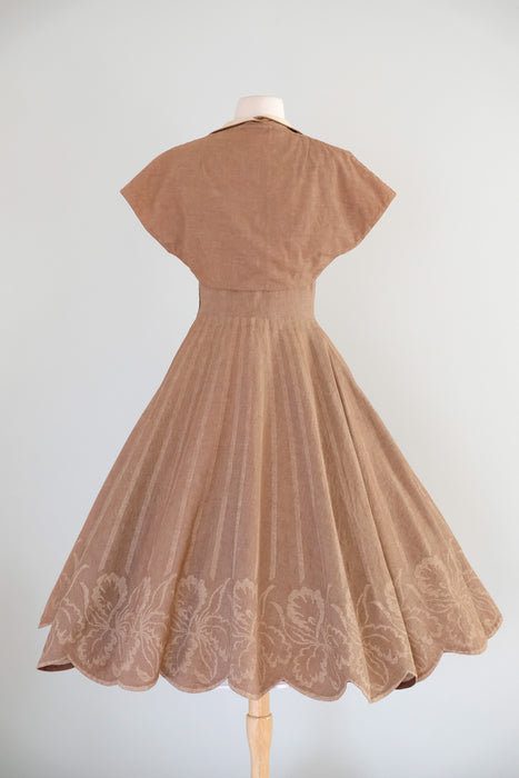 Vintage 1950's Latte Cotton Dress with Scalloped Hem & Bolero Jacket / S