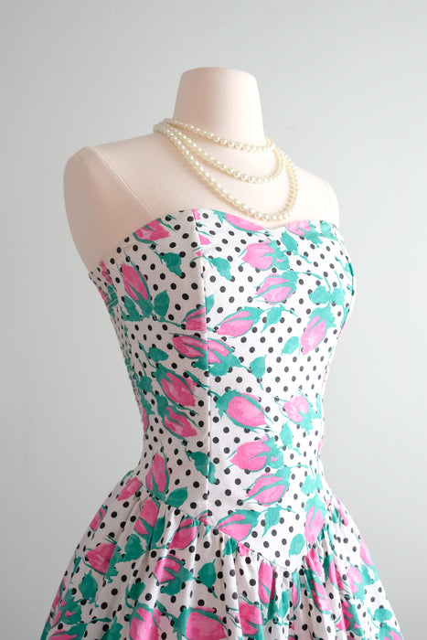 Adorable 1980's Rose Buds & Polka Dots Strapless Garden Party Dress / Sz M