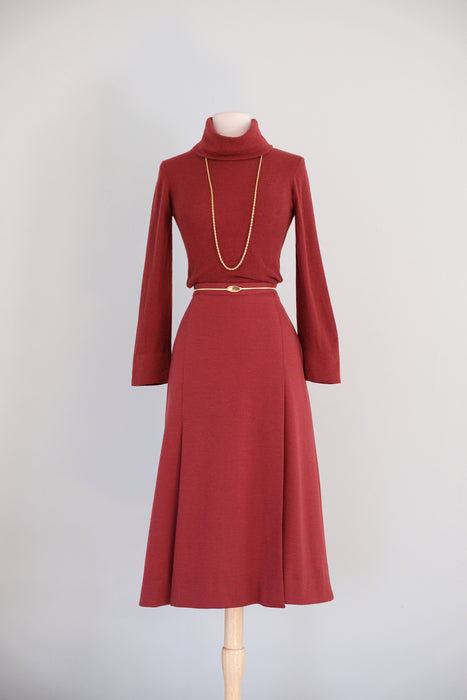 Designer Vintage 1970's Cabernet Red Wool Knit Set by Sonia Rykiel / S
