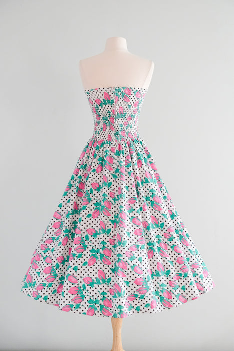 Adorable 1980's Rose Buds & Polka Dots Strapless Garden Party Dress / Sz M