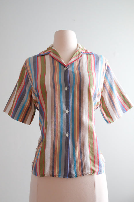 Stylish 1960's Striped Cotton Blouse / Sz M