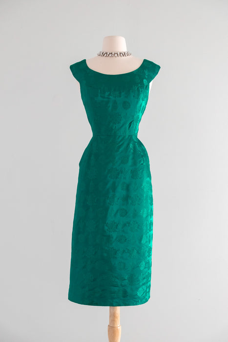 Perfect 1960's Jade Green Brocade Cocktail Dress / Sz S/M