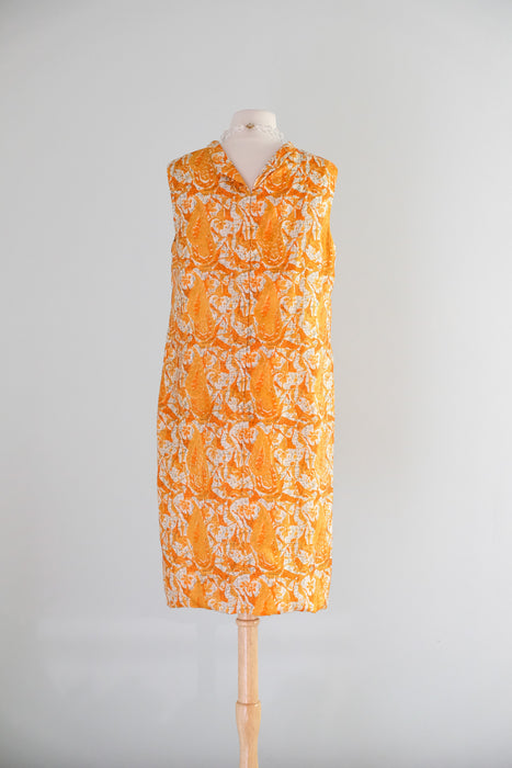 Vintage 1960's Orange Silk Paisley Shift Dress / ML