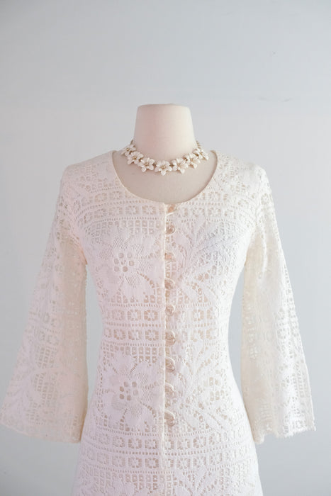 Vintage 1960’s Ivory Crochet Cotton Lace Mini Dress by Siro / S