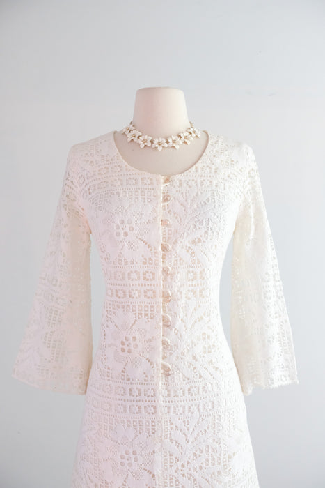 Vintage 1960’s Ivory Crochet Cotton Lace Mini Dress by Siro / S