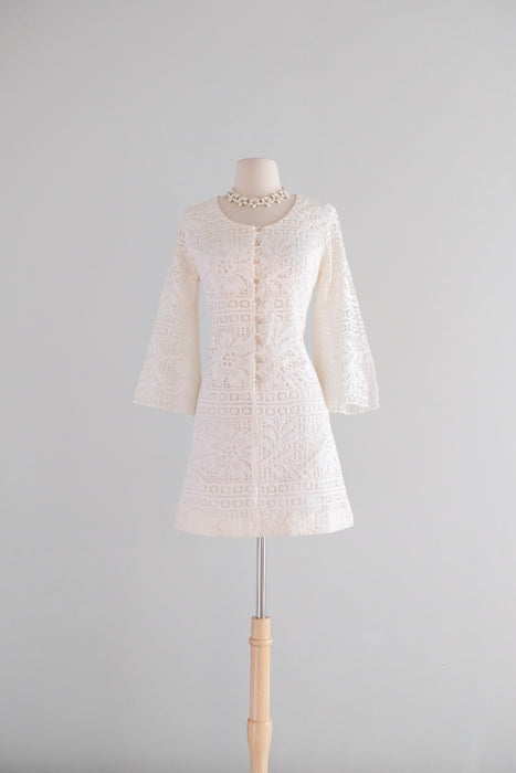 Vintage 1960’s Ivory Crochet Cotton Lace Mini Dress by Siro / S