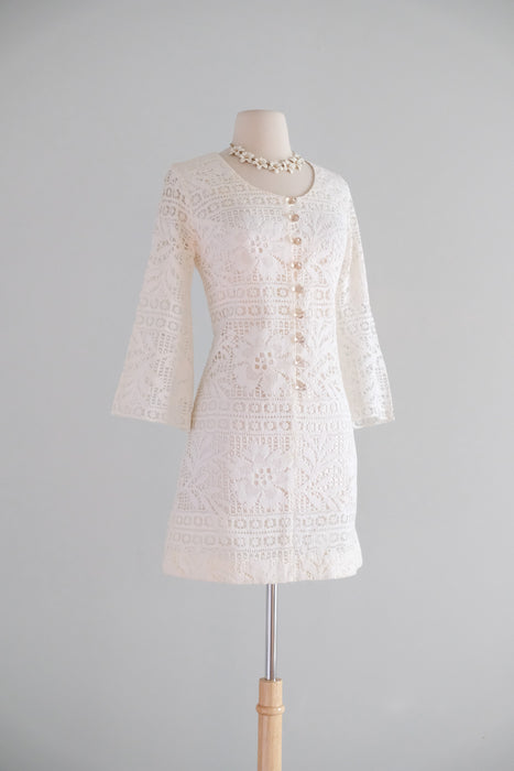 Vintage 1960’s Ivory Crochet Cotton Lace Mini Dress by Siro / S