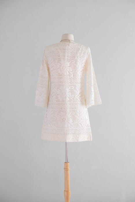 Vintage 1960’s Ivory Crochet Cotton Lace Mini Dress by Siro / S