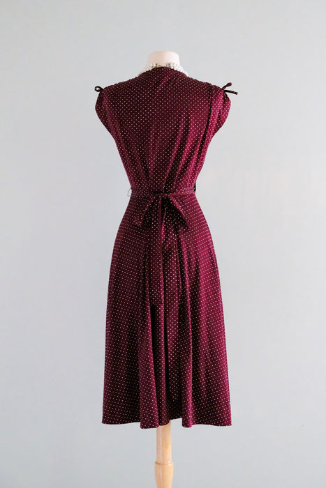 Fabulous 1970's Fredricks of Hollywood Maroon Polka Dot Wrap Dress / Sz SM