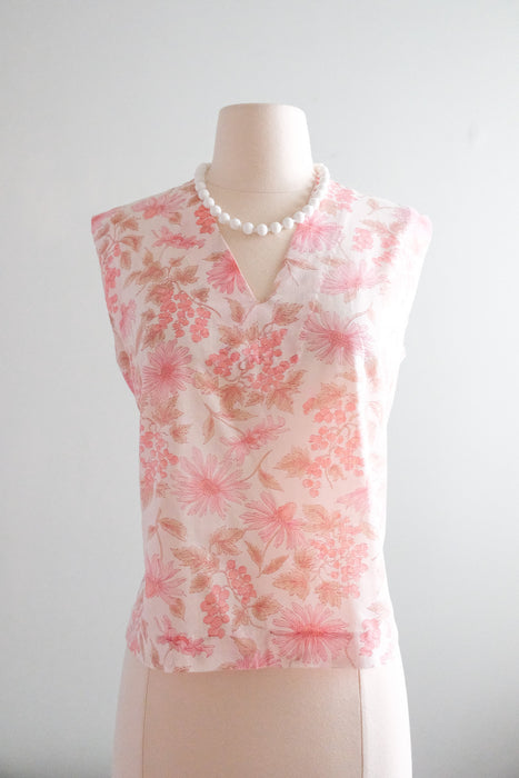 Perfect 1960's Spring Flowers Pink Cotton Blouse / Sz M