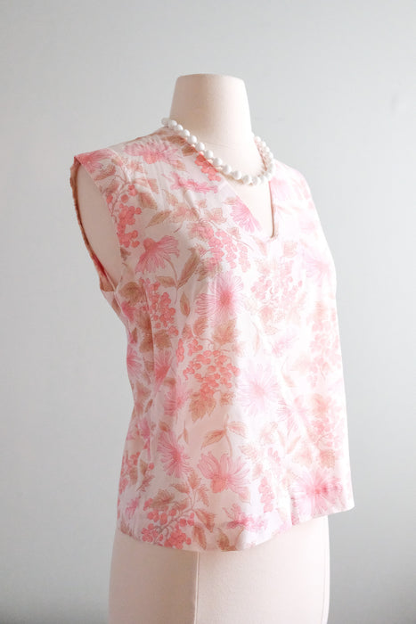 Perfect 1960's Spring Flowers Pink Cotton Blouse / Sz M