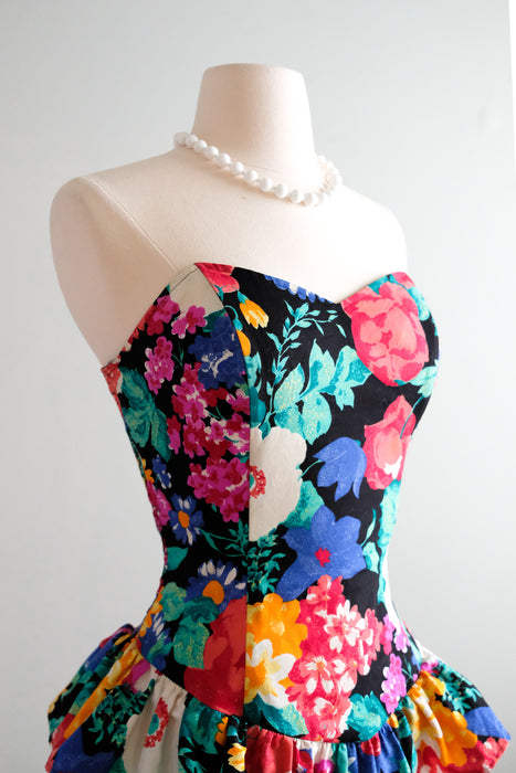 Fun & Flirty Early 80's Garden Party Strapless Dress / Sz SM