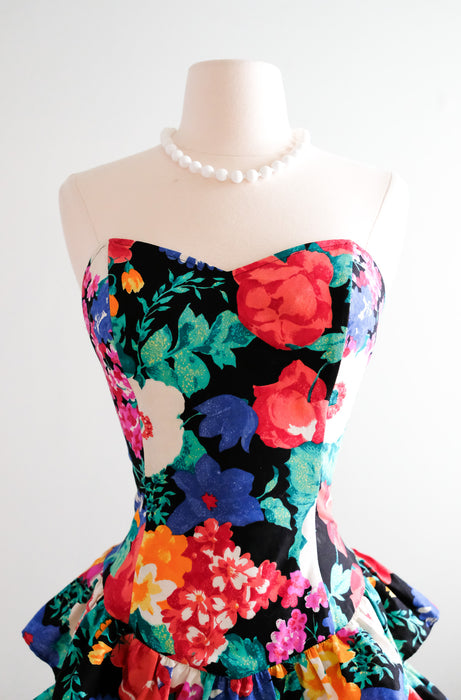 Fun & Flirty Early 80's Garden Party Strapless Dress / Sz SM