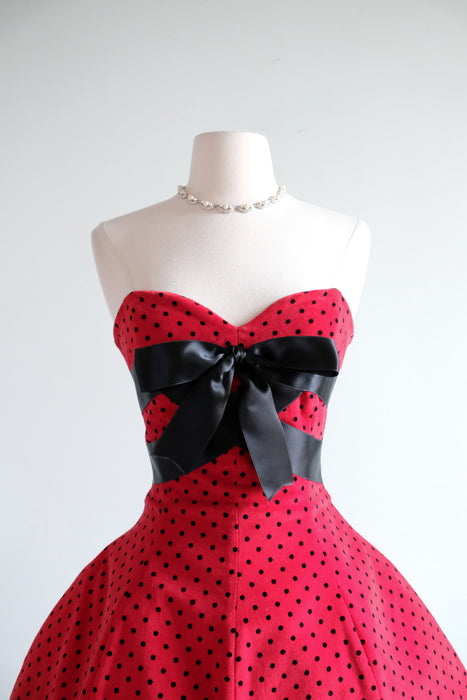 red dress black polka dots Vintage 1990's Red & Black Polka Dot Strapless Mini Dress by Oliver Va – Xtabay Vintage