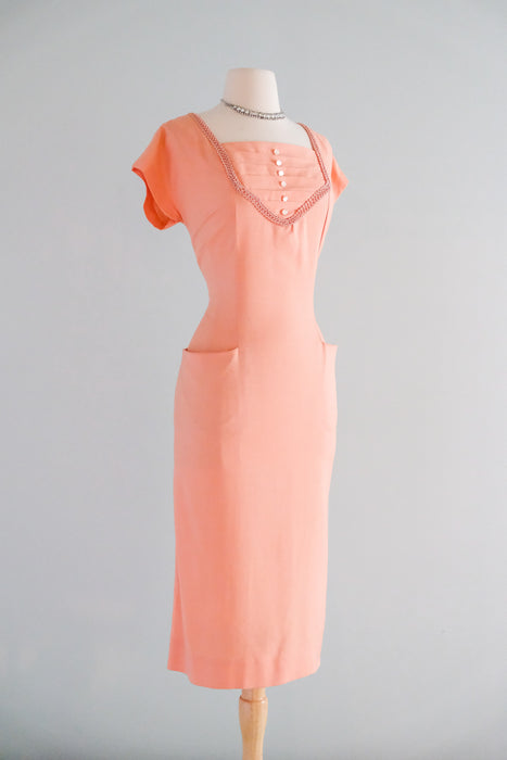 Charming 1950's Just Peachy Wiggle Dress / Sz M