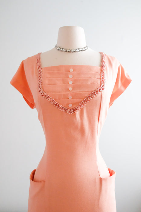 Charming 1950's Just Peachy Wiggle Dress / Sz M