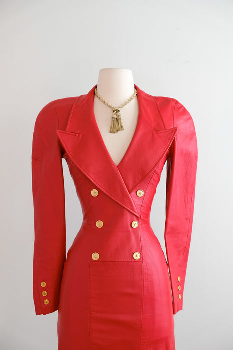 Vintage 1980's RED HOT Leather Mini Dress by North Beach / S