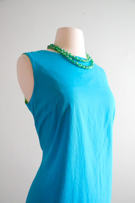 Adorable 1960's Turquoise Blue & Green Cotton Shift / Sz ML