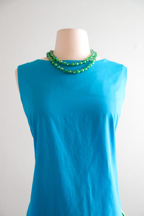 Adorable 1960's Turquoise Blue & Green Cotton Shift / Sz ML