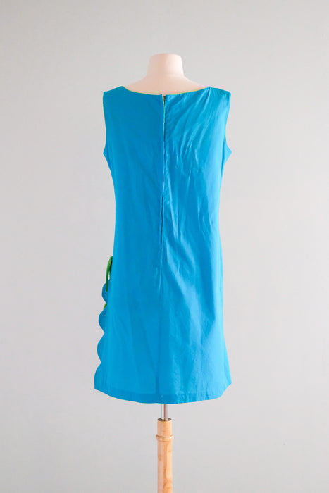 Adorable 1960's Turquoise Blue & Green Cotton Shift / Sz ML