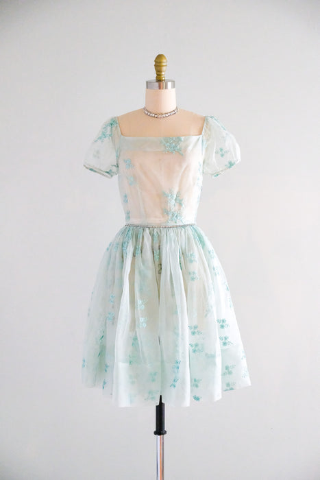 Sweetest 1950's Sheer Mint Babydoll Dress with Rhinestones / Sz XS