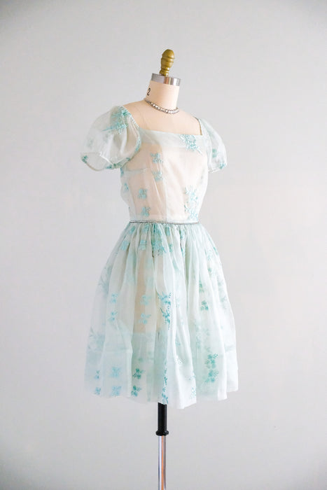 Sweetest 1950's Sheer Mint Babydoll Dress with Rhinestones / Sz XS