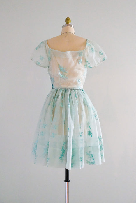 Sweetest 1950's Sheer Mint Babydoll Dress with Rhinestones / Sz XS