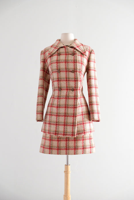 Vintage 1960's Red & Camel Plaid Wool Two Piece Suit / S