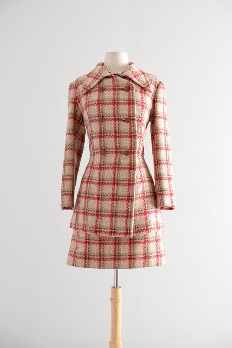 Vintage 1960's Red & Camel Plaid Wool Two Piece Suit / S