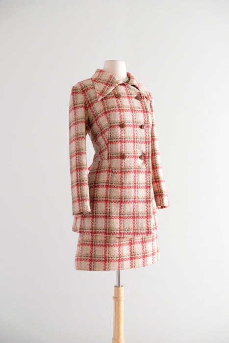 Vintage 1960's Red & Camel Plaid Wool Two Piece Suit / S