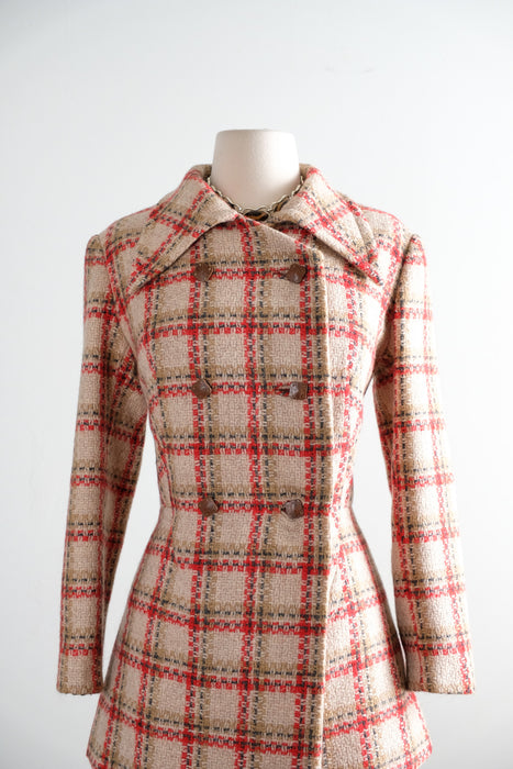 Vintage 1960's Red & Camel Plaid Wool Two Piece Suit / S