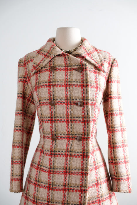 Vintage 1960's Red & Camel Plaid Wool Two Piece Suit / S